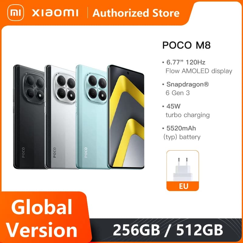 هاتف POCO M8 5G، إصدار عالمي، معالج Snapdragon® 6 Gen 3، شاشة Flow AMOLED 6.77 بوصة، بطارية 5520mAh، شحن 45W، NFC