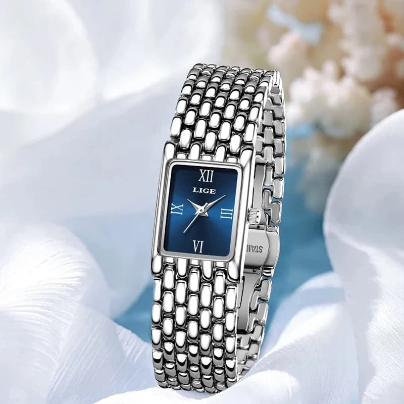 LIGE New Design Ladies Watch Fashion Quartz Wristwatch Silver Simple Square Women Watches Luxury Stainless Steel Folding Clock - 2