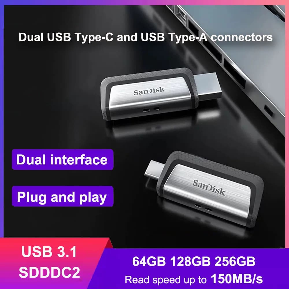 محرك أقراص مزدوج سانديسك ألترا USB Type-C 64 جيجابايت 128 جيجابايت 256 جيجابايت OTG USB3.1 أداء حتى 150 ميجابايت/ثانية مزدوج USB Type-C و USB Type-A