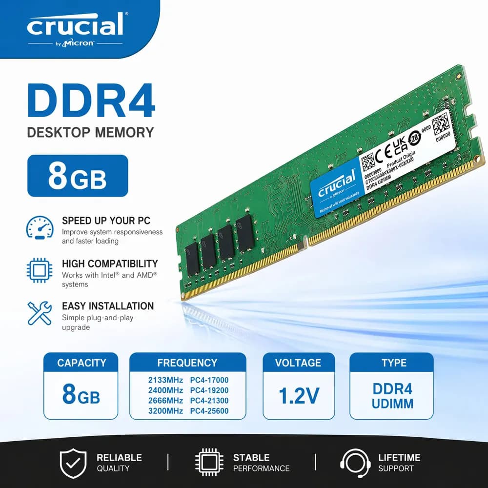 ذاكرة سطح المكتب Crucial DDR4 8GB 3200MHz 2400 2133 2666MHz DIMM 288Pin لألعاب الكمبيوتر