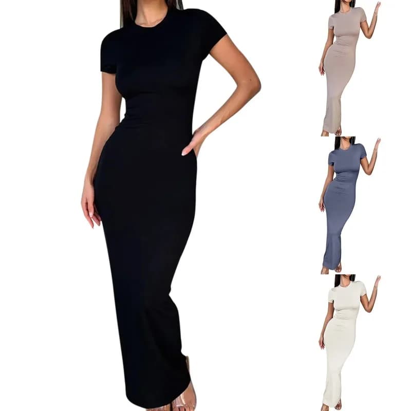 Sexy Skinny Women's Bodycon Party Dress Fashion O-neck Short Sleeve Solid Color Wraped Hip Package Long Dress Female Sexy Dress - 6