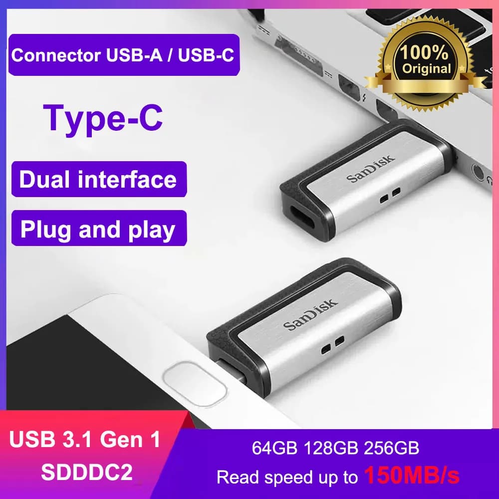 محرك أقراص مزدوج SanDisk Ultra USB Type-C 256GB، محرك أقراص فلاش USB 64GB OTG، 128GB USB 3.1، محرك أقراص محمول للهاتف/الكمبيوتر اللوحي/الكمبيوتر الشخصي