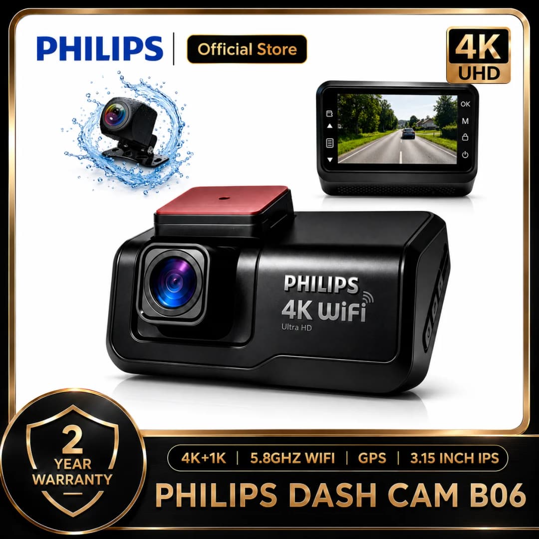 كاميرا سيارة PHILIPS Dash Cam B06 بدقة 4K+1K HDR أمامية وخلفية مقاومة للماء بشاشة 3.15 بوصة IPS واي فاي 2.4G 5.8G تطبيق GPS دعم مراقبة الوقوف 24 ساعة
