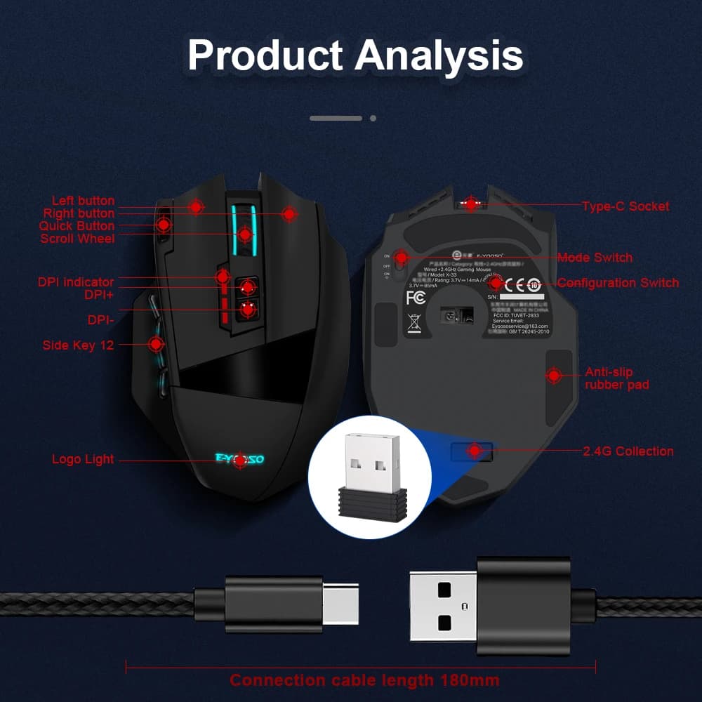 ماوس ألعاب E-YOOSO X-33 RGB USB 2.4G لاسلكي 16000 DPI 16 زر قابل للبرمجة ماوس بصري للكمبيوتر المحمول - 5