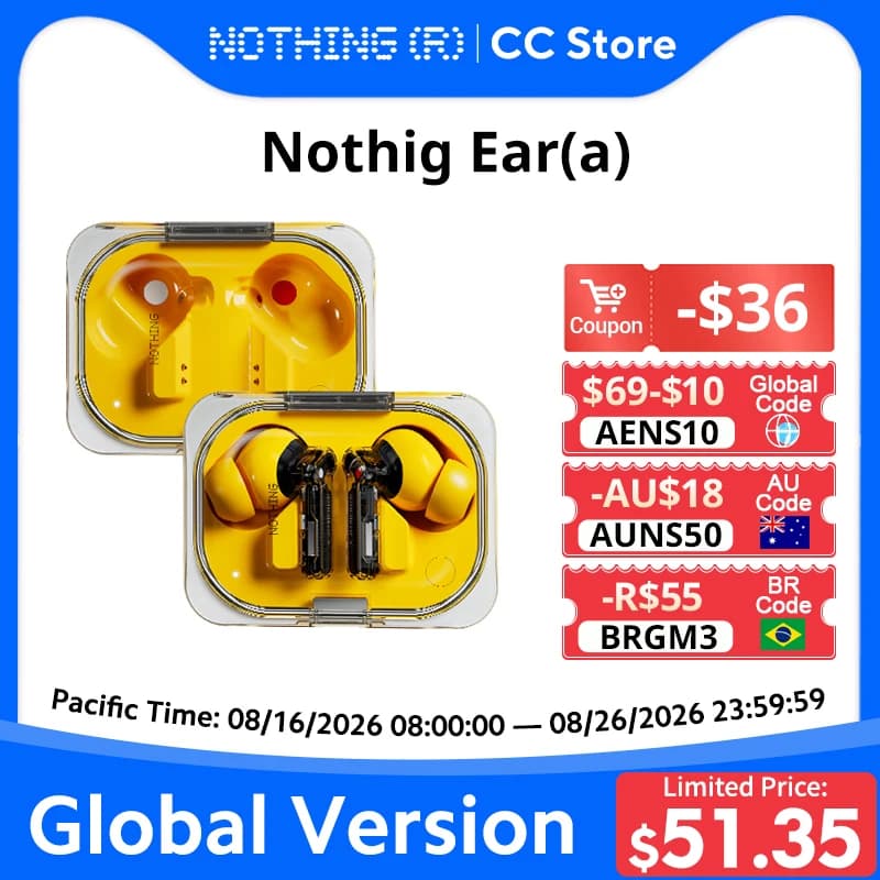 سماعات Nothing Ear (a) اللاسلكية إصدار عالمي جديد، إلغاء ضوضاء نشط 45dB، تصميم ديناميكي عصري، بلوتوث