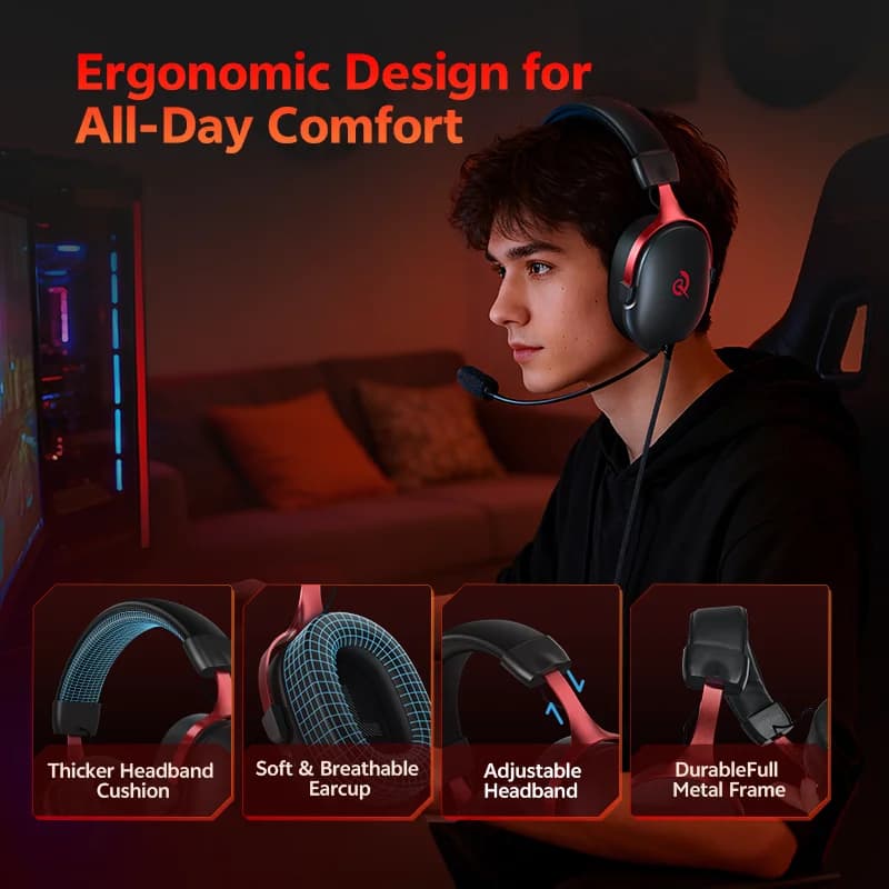 سماعات رأس QCY VN200 Pro H7GM للألعاب USB صوت محيطي 7.1 تحكم في مستوى الصوت سلكية متعددة المنصات للكمبيوتر الألعاب الأفلام - 5