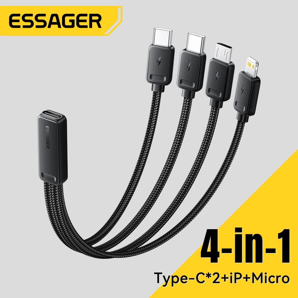 كابل محمول للشحن السريع 4 في 1 من Essager للسفر من النوع C أنثى إلى USB متعدد مع محولات صغيرة وصغيرة من النوع C