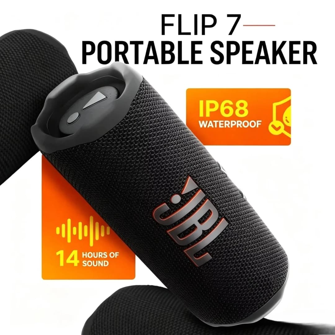 سماعة بلوتوث محمولة JBL Flip 7 مضادة للماء IP68، لاسلكية، مع وقت تشغيل 14 ساعة، وصوت ستيريو مع مضخم صوت