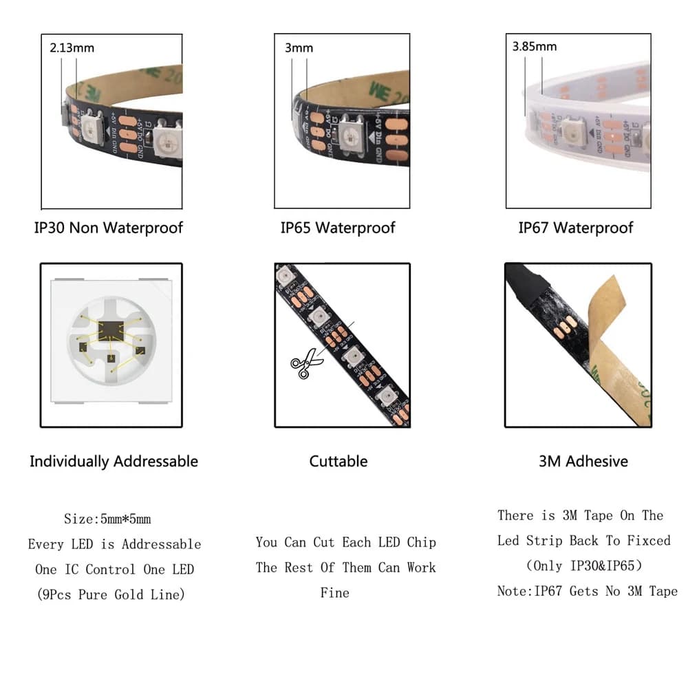 DC5V WS2812B Led Strip light 30/60/74/96/144leds/m Individually Addressable Smart 5050RGB WS2812 Pixels Led Light IP30/65/67 - 3
