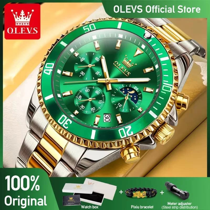 ساعات OLEVS رجالية ماركة فاخرة ساعة أصلية مقاومة للماء من الفولاذ المقاوم للصدأ كرونوغراف مرحلة القمر تاريخ ميناء دوار