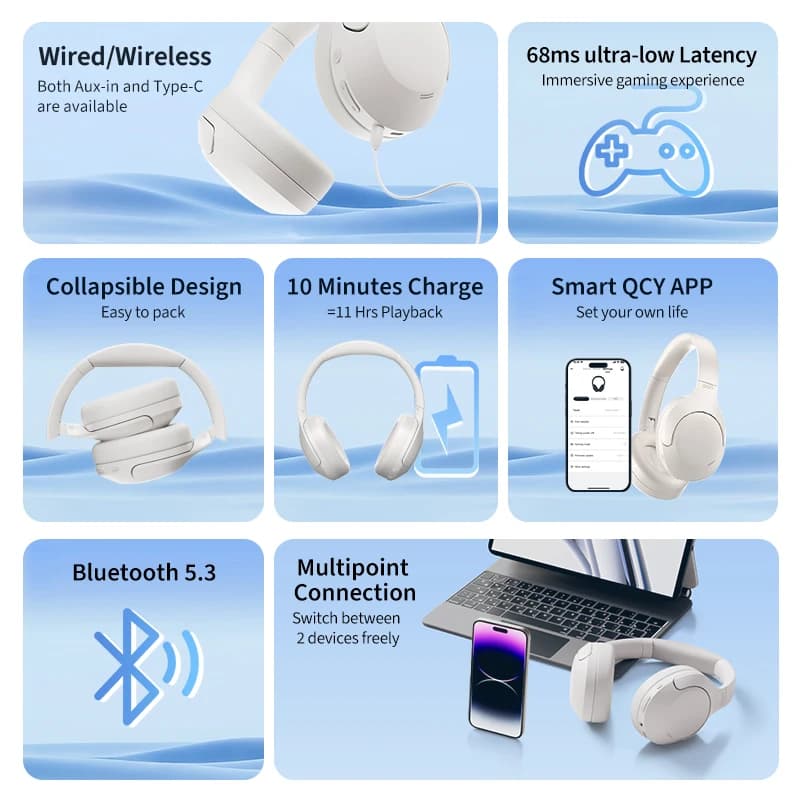 QCY H3 Lite ANC Wireless/Wired Headphones Bluetooth 5.3 Foldable Over Ear Headset HIFI Sound 60H Playtime Earphones Dual Connect - 5