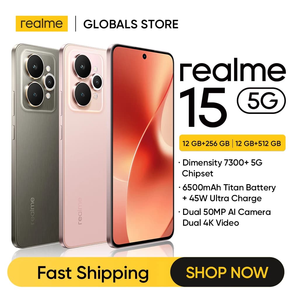 هاتف ريلمي 15 5G بمعالج دايمنشن 7300+ 5G وبطارية 6500 مللي أمبير وشحن 45 واط وشاشة أموليد 6.77 بوصة بمعدل تحديث 144 هرتز وكاميرا مزدوجة 50 ميجابكسل وNFC