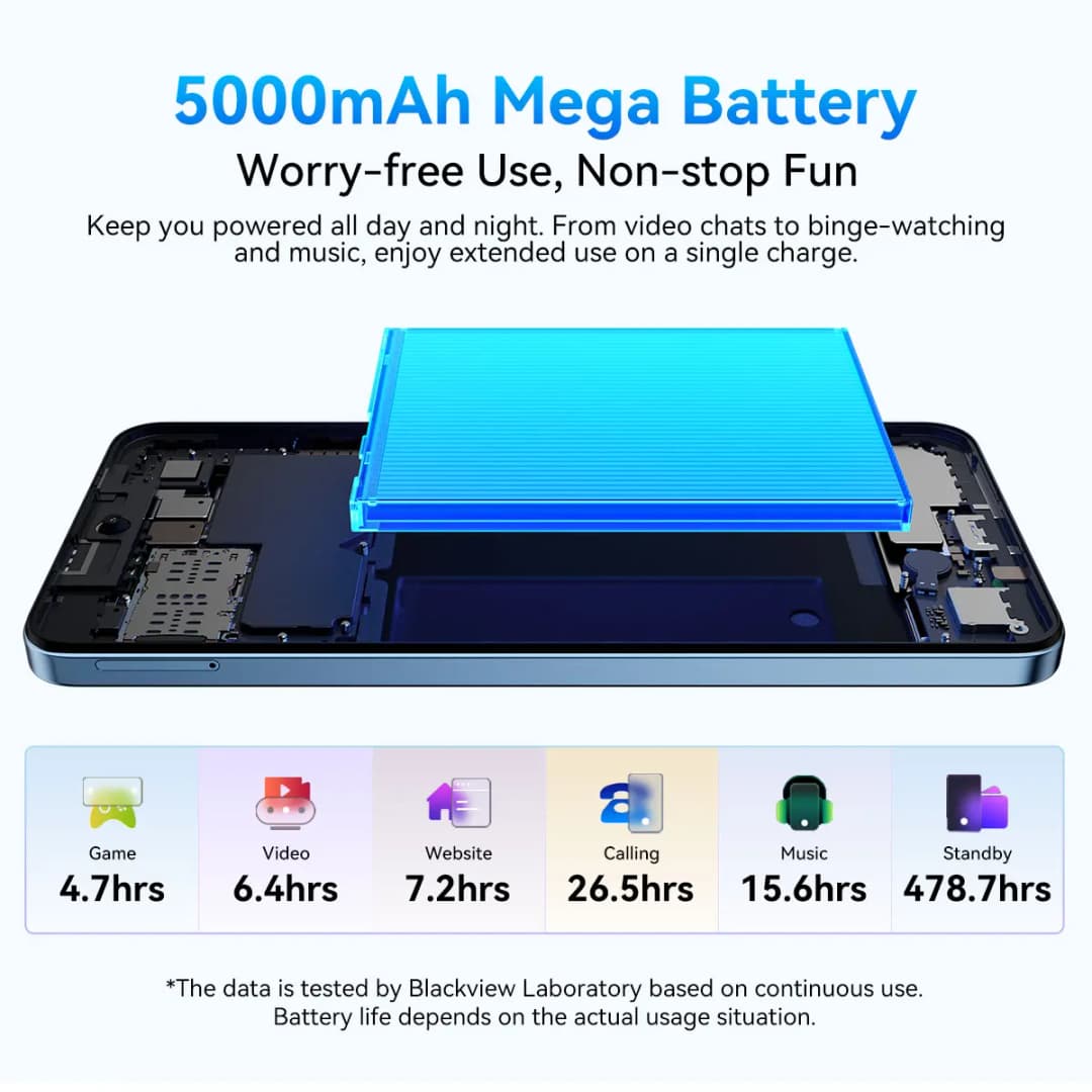 هاتف بلاك فيو كولور 6 الذكي بشاشة 6.67 بوصة، معالج MTK G81، ذاكرة وصول عشوائي 8 جيجابايت، ذاكرة داخلية 128 جيجابايت/256 جيجابايت، كاميرا 50 ميجابكسل، بطارية 5000 مللي أمبير، أندرويد 15 - 6