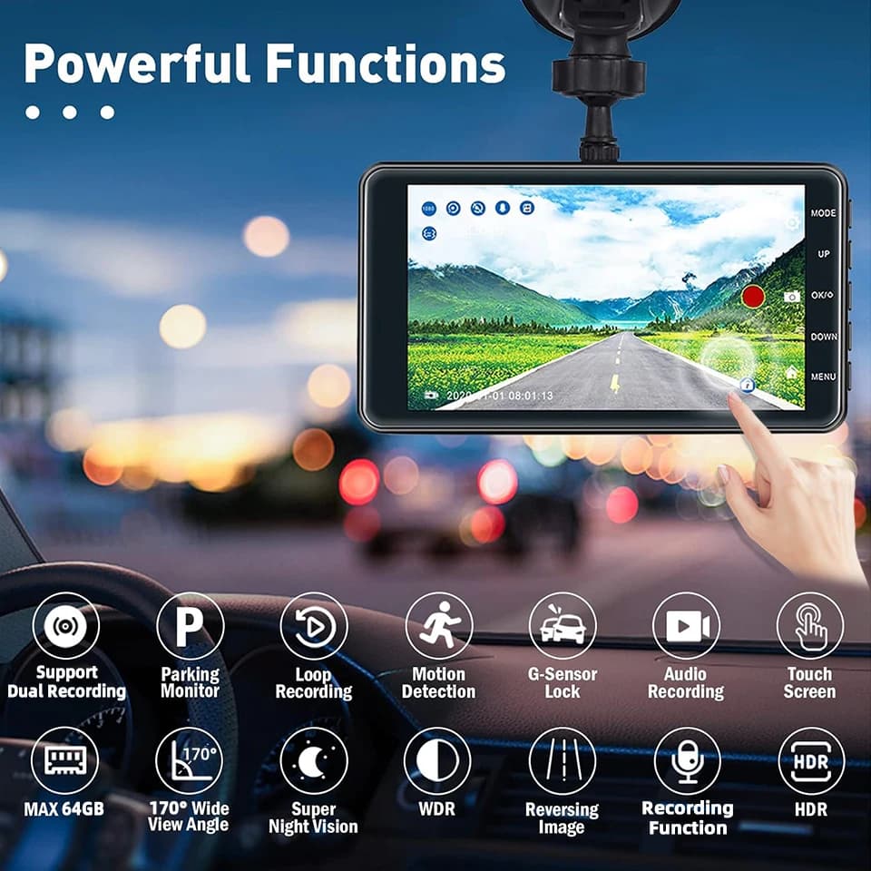 كاميرا سيارة E-ACE بشاشة لمس 4 بوصة LCD بدقة FHD 1080P مع خيار كاميرا خلفية وحساس G وHDR وتسجيل حلقي وكشف الحركة - 2