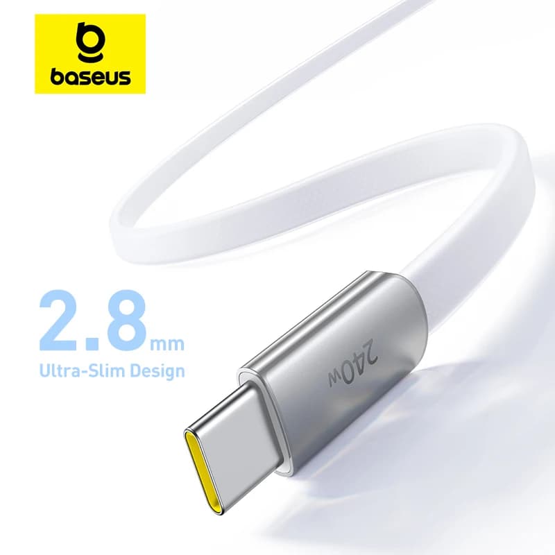كابل Baseus 240W فائق النحافة من النوع C لهاتف iPhone 17 و16 و15 بلس برو ماكس 5A PD 3.0 كابل شحن سريع لهواتف سامسونج وشاومي