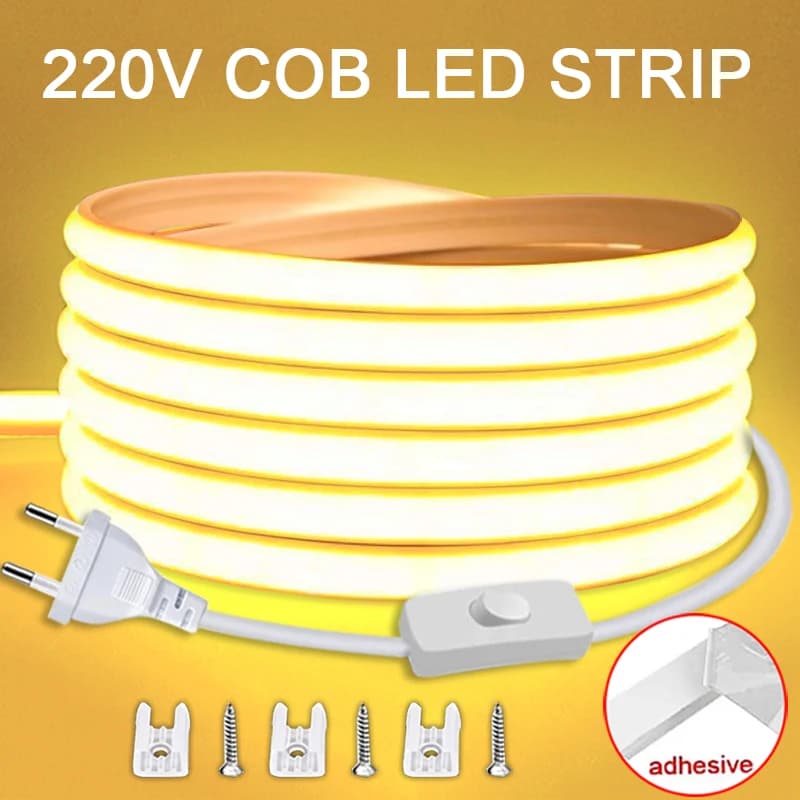 شريط ليد 220 فولت مع مفتاح تشغيل/إيقاف مقاوم للماء شريط ليد COB 220 فولت شريط مرن للإضاءة في الغرف وغرف النوم والمطبخ والحدائق الخارجية