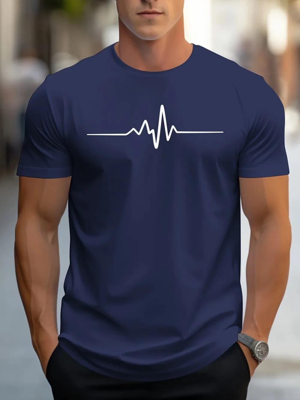 Fashionable men's summer electrocardiogram printed comfortable and breathable round neck T-shirt outdoor casual top - 3