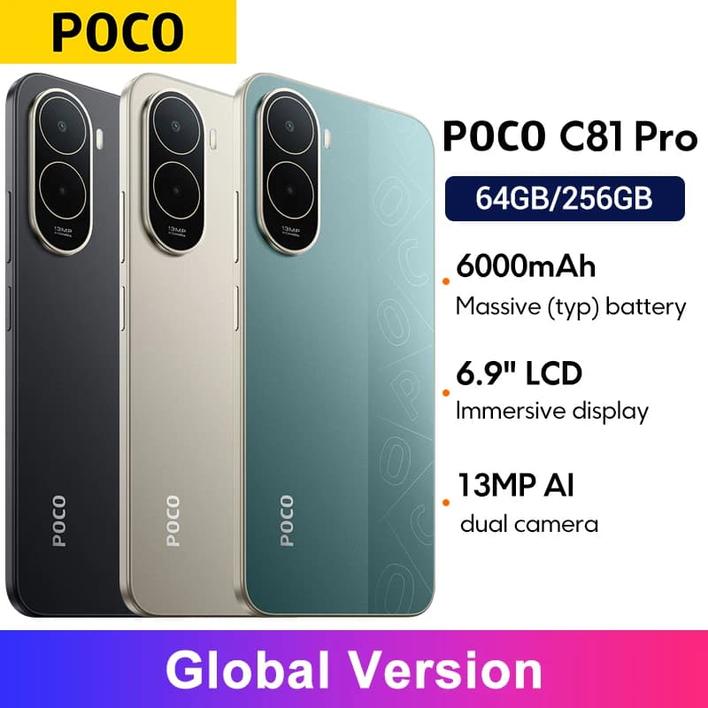 إصدار عالمي POCO C81 Pro مع معالج UNISOC T7250 وشاشة LCD مقاس 6.9 بوصة وكاميرا رئيسية 13 ميجابكسل وبطارية 6000 مللي أمبير في الساعة وNFC ومنفذ سماعة 3.5 ملم