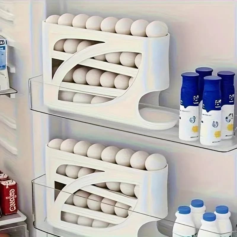 One automatic egg filling rack for the refrigerator. It slides down automatically. Saves effort and space. Large capacity - 5