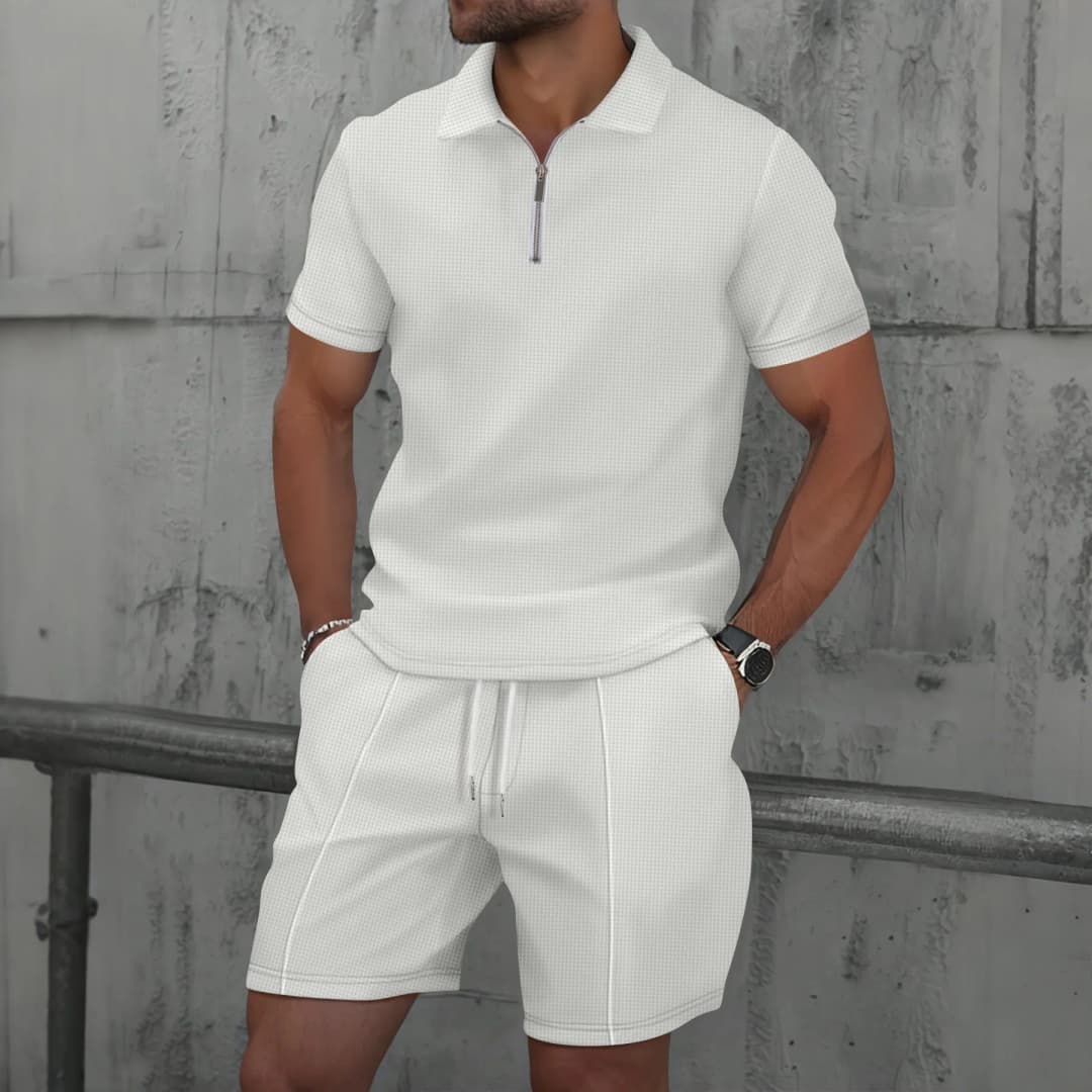 2026 Men Europe and the United States new summer Waffle solid color zip-up lapel short-sleeve suit shorts two sets - 4