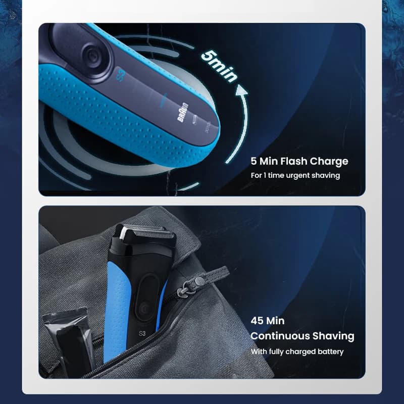 ماكينة حلاقة كهربائية براون Blue Series 3، شفرات متبادلة للرجال، قابلة لإعادة الشحن، مقاومة للماء، حلاقة جافة ورطبة للسفر - 5