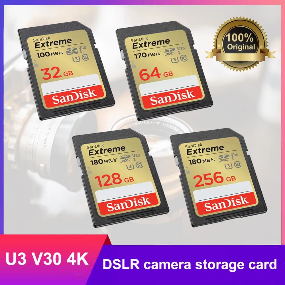 بطاقة ذاكرة سان ديسك إكستريم إس دي 32 جيجابايت 64 جيجابايت بطاقة UHS-I 128 جيجابايت 256 جيجابايت C10 U3 V30 بطاقة فلاش حتى 180 ميجابايت لكاميرات الفيديو 4K يو إتش دي لكاميرات إس إل آر