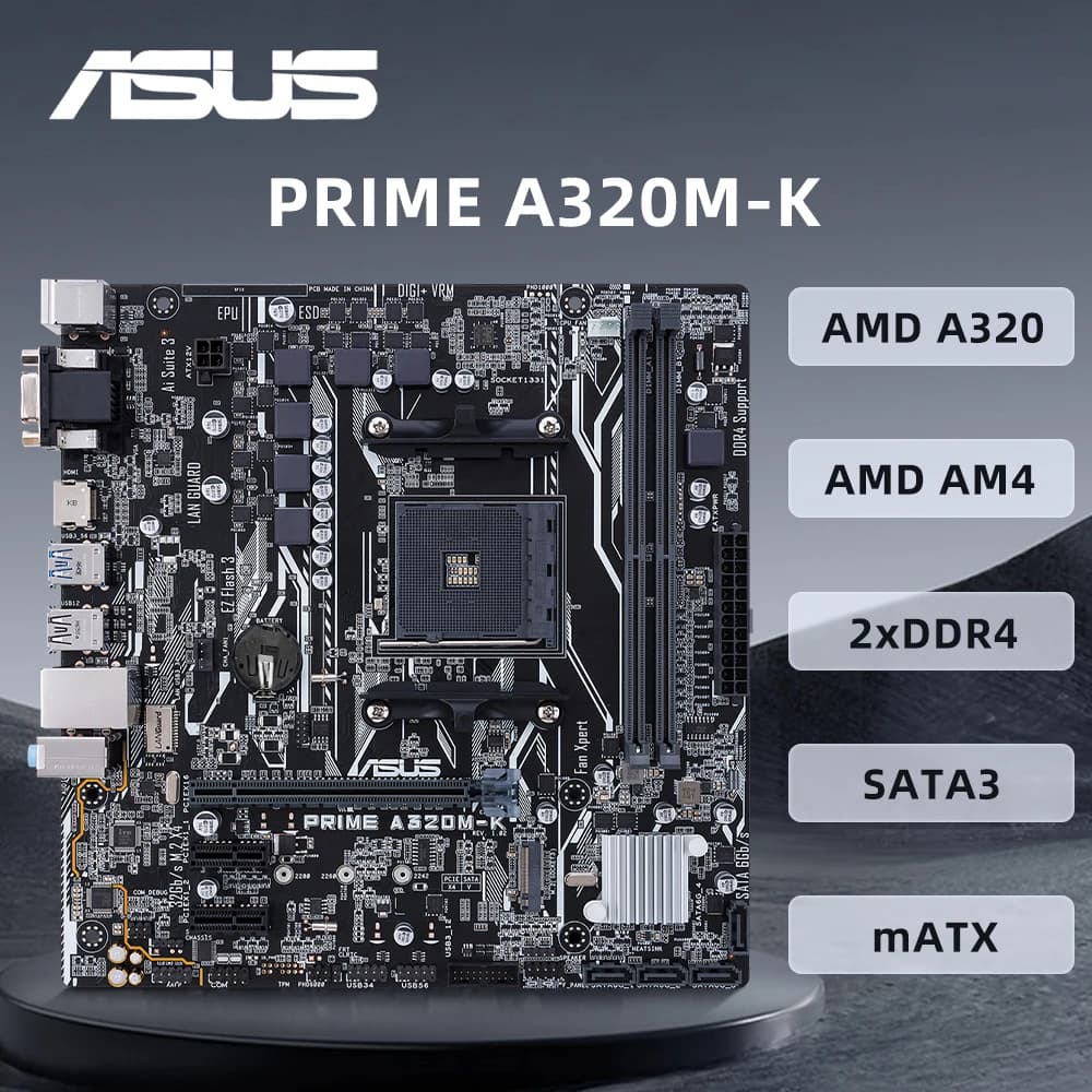 لوحة أم ASUS PRIME A320M-K تدعم معالجات AMD AM4 مثل R5 5600 و 3500X و R7 5700X و 1800X و R3 3200G و R9 5950X مع 4 منافذ DDR4 بسعة 128 جيجابايت ومنافذ HDMI و DVI بحجم mATX