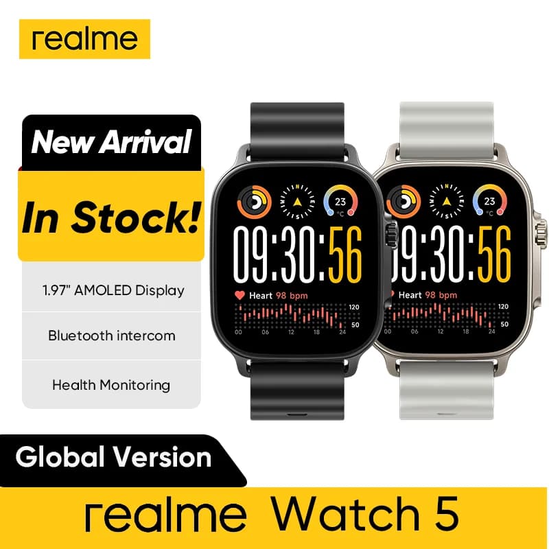 ساعة realme Watch 5 الذكية بشاشة 1.97 بوصة مسطحة AMOLED مع بوصلة وGPS مستقل و5 أنظمة GNSS وبطارية تدوم 14 يومًا وبطاقة NFC ومقاومة للماء IP68