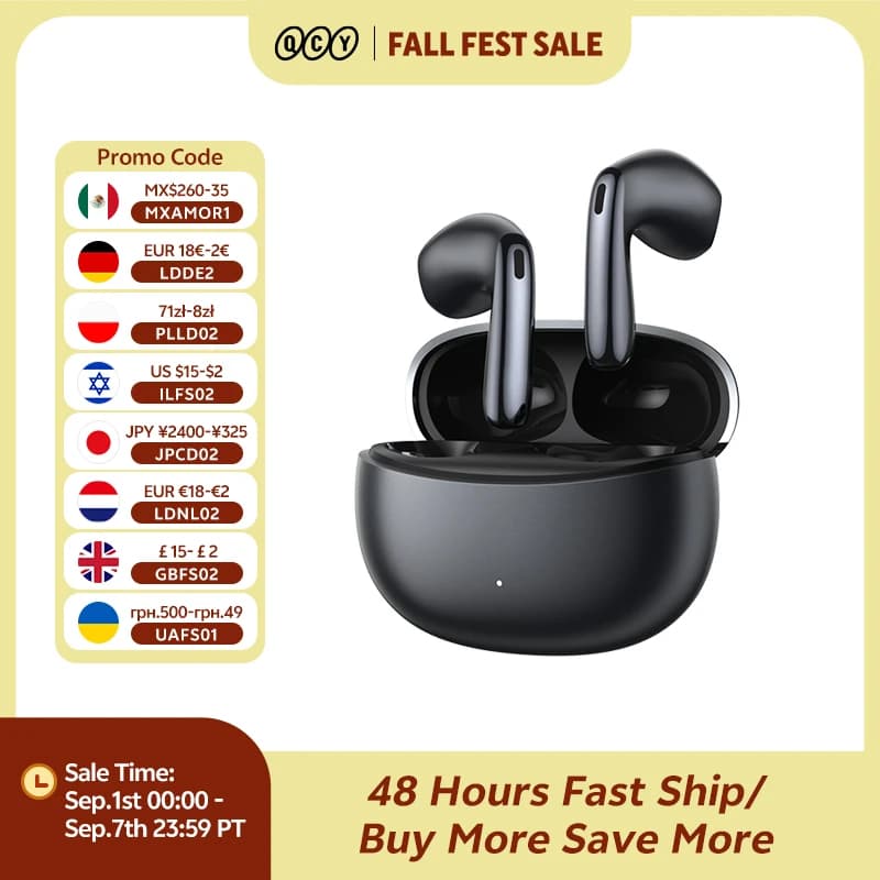 سماعات أذن QCY AilyBuds E50 HT11 لاسلكية بجودة صوت عالية ودعم Bluetooth 6.0 مع عزل ضوضاء هجين ومكبرات صوت 11mm