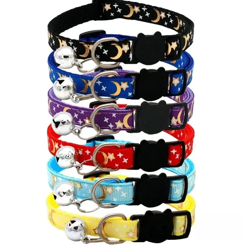 Pet Collar Cat Dog Gold Color Stars and Moon Pet Collar with Bell and PP Material Separate Luminescence Safety Buckle Solid Safe - 3