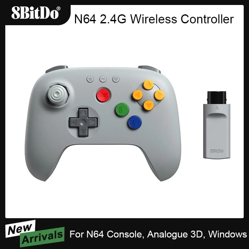 وحدة تحكم لاسلكية 8BitDo N64 2.4G لوحدة التحكم الأصلية N64، تناظرية 3D، وويندوز (رمادي) جويستيك بتأثير هول