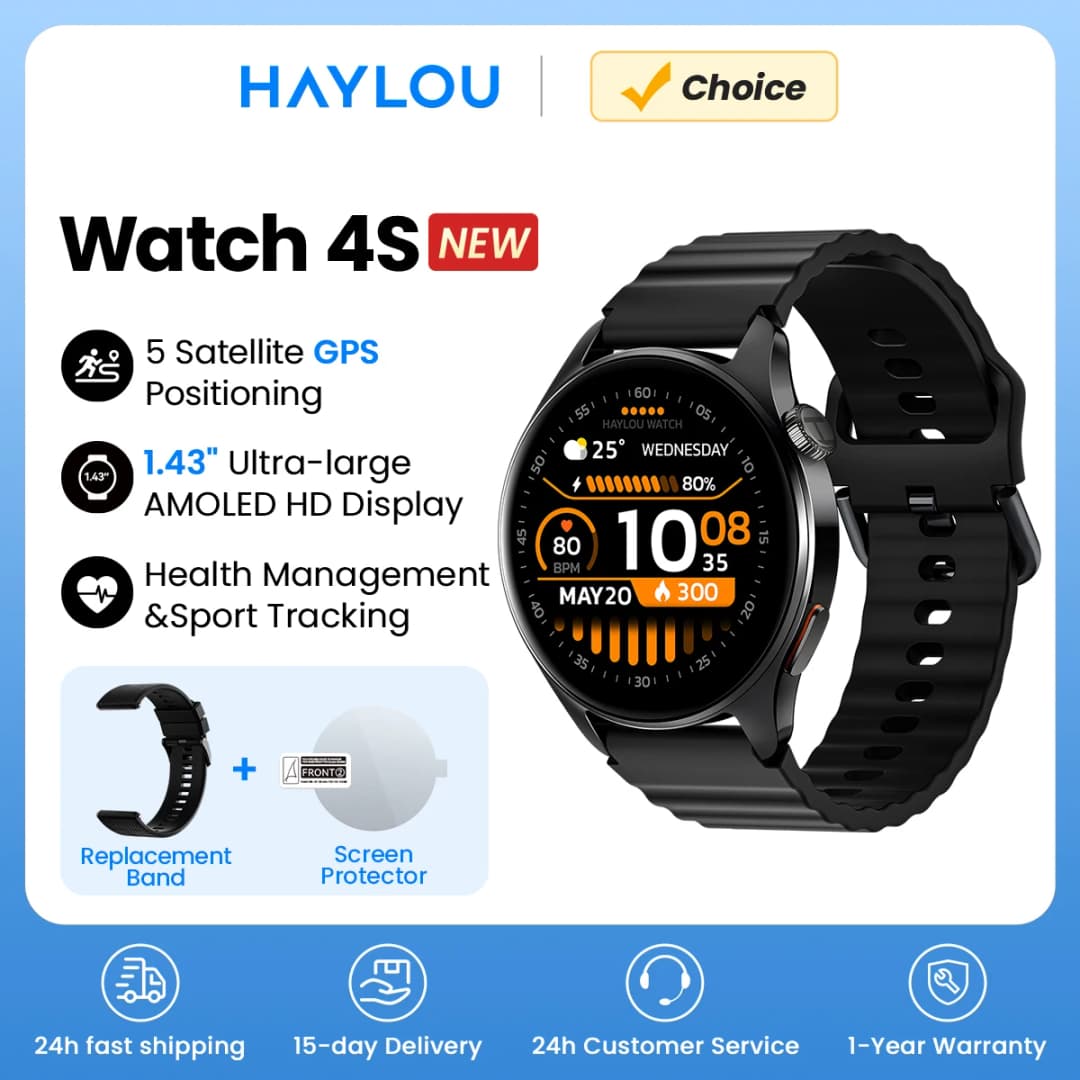 ساعة ذكية HAYLOU Watch 4S (HF012) بشاشة 1.43 بوصة HD AMOLED و 5 أقمار صناعية لتحديد المواقع GPS وأكثر من 120 وضع تمرين