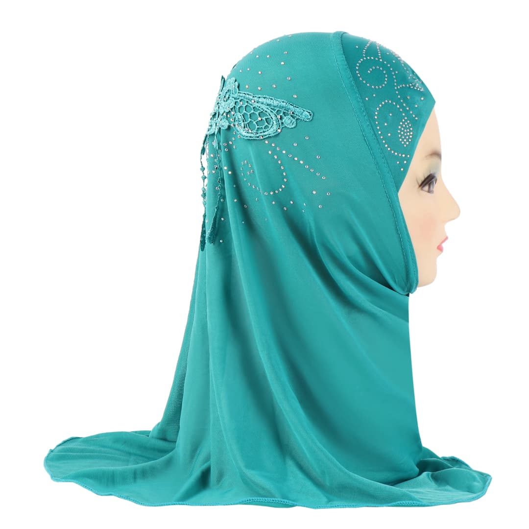 حجاب أميرة جميل للبنات الصغيرات مع دانتيل في الخلف، يناسب الأطفال من 2 إلى 5 سنوات، وشاح رأس إسلامي
