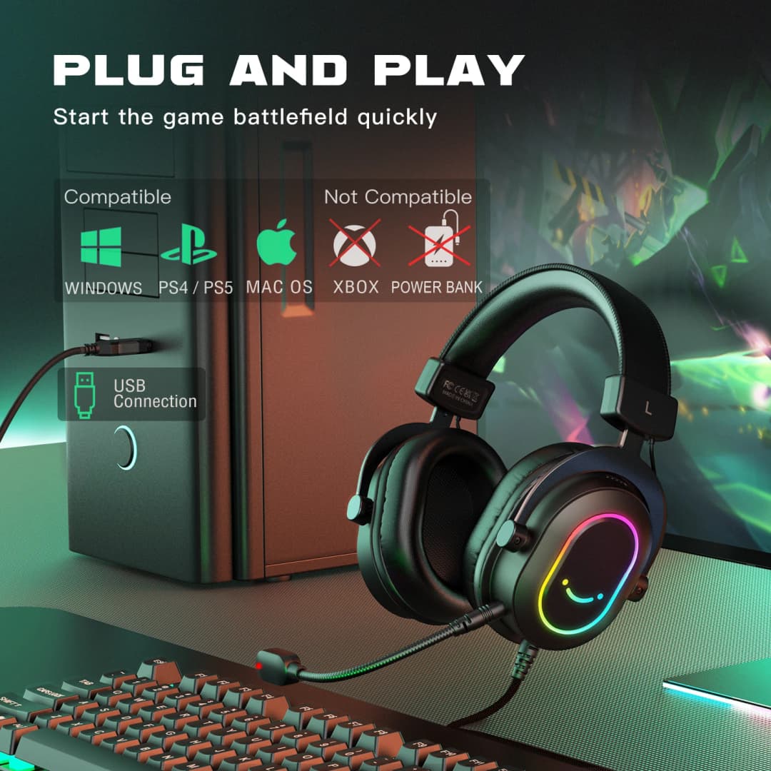 سماعة ألعاب Fifine Dynamic RGB مع ميكروفون فوق الأذن 7.1 صوت محيطي PC PS4 PS5 3 EQ خيارات لعبة موسيقى الفيلم - 6