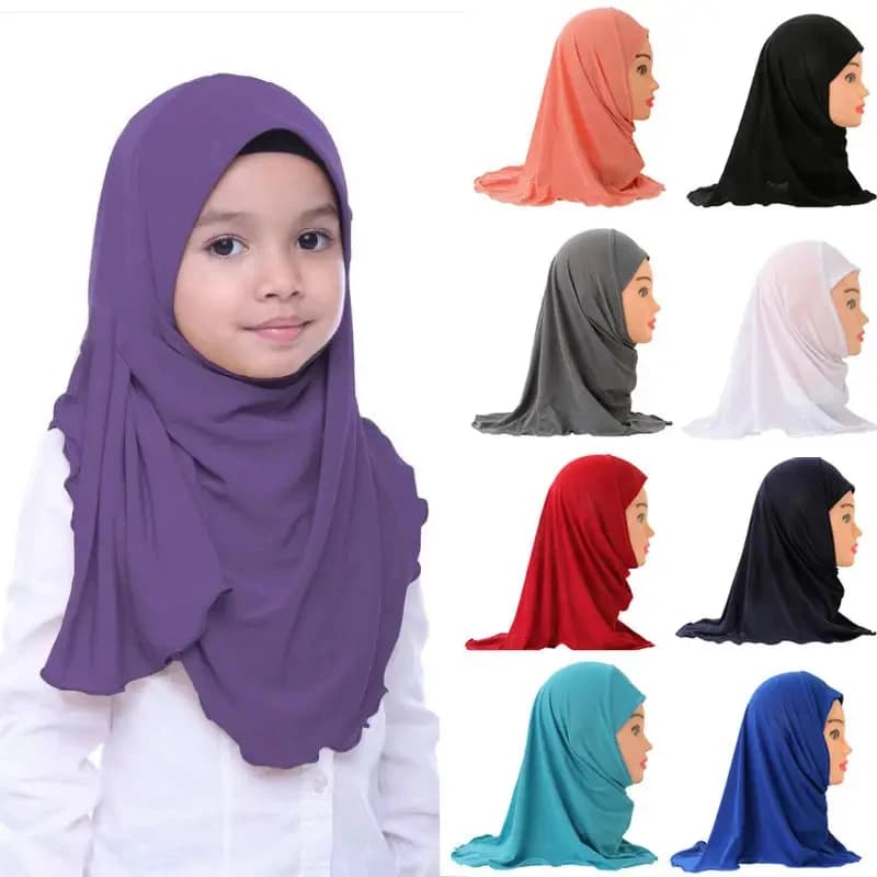 حجاب أطفال بلون موحد للفتيات المسلمات وشاح إسلامي ناعم مطاطي للأطفال من 2 إلى 7 سنوات توربان 50 سم