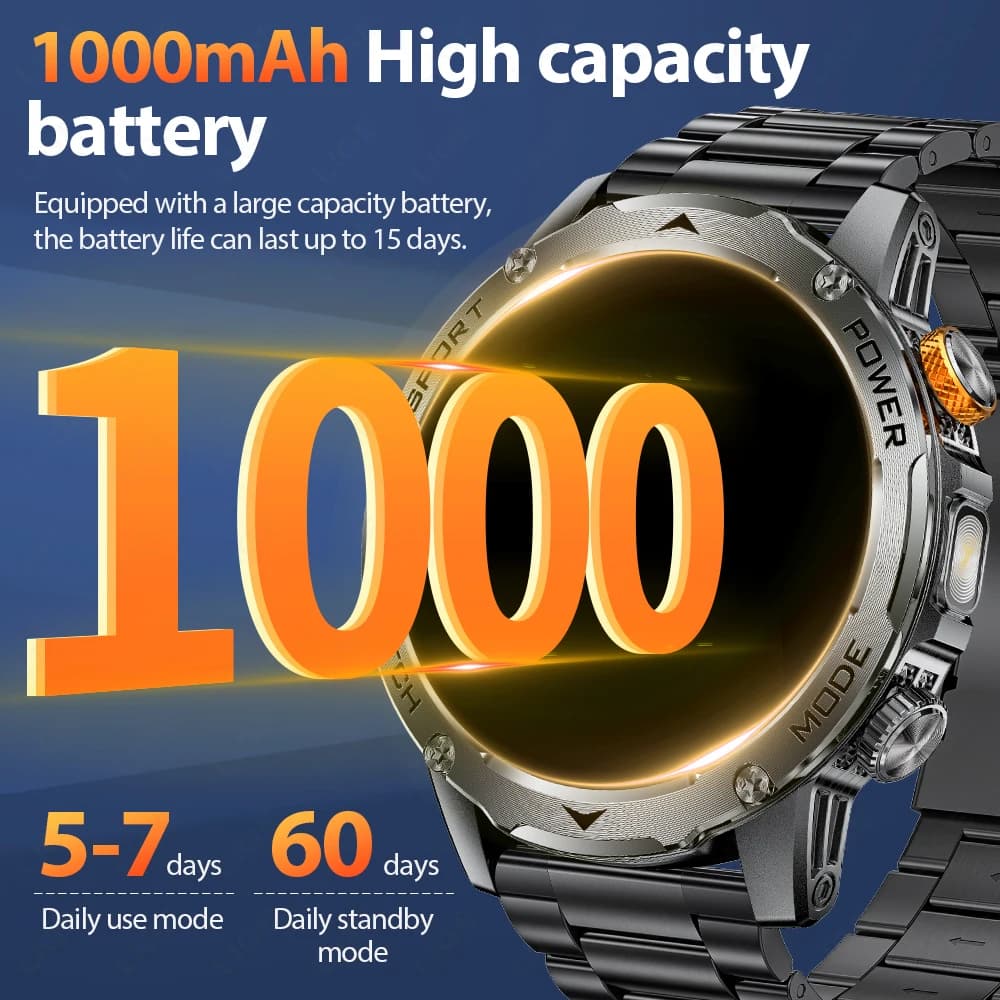ساعة LIGE الذكية الجديدة للرجال ببطارية سعة 1000mAh كبيرة وكشاف خارجي ومكالمات بلوتوث ومقاومة للماء للياقة البدنية والرياضة - 2