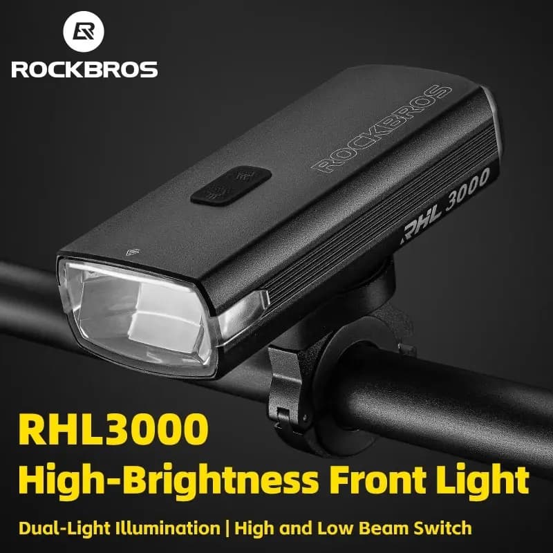 ROCKBROS إضاءة دراجة 3000LM بنك طاقة 10000mAh شحن من النوع C مصباح أمامي إضاءة أمامية للدراجة إضاءة فلاشية لركوب الدراجات على الطرق الجبلية MTB