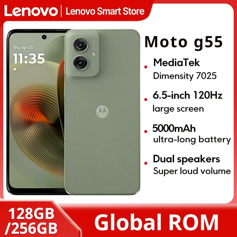 هاتف Motorola MOTO G55 ذكي بشاشة 6.5 بوصة بمعدل تحديث 120Hz وذاكرة 256GB ومعالج MediaTek Dimensity 7025 وكاميرا 50MP