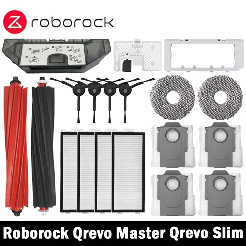 قطع غيار وإكسسوارات مكنسة روبوروك Qrevo Master / Qrevo Slim تشمل فرشاة جانبية رئيسية وفلتر هيبا وقماش مسح وكيس غبار