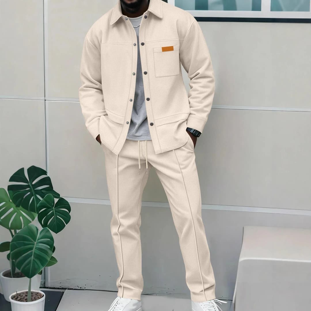 2026 Men's New Style Waffle Plain Color Collar Button-Down Pockets Long-Sleeved Pants Casual Jacket Set - 2