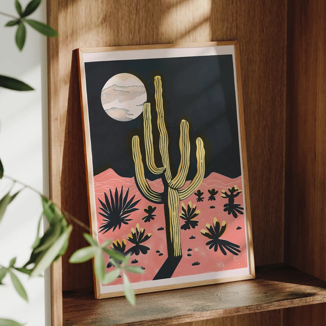 Modern Desert Night Moon Giant Cactus Wall Art Aluminum Frame Prints Canvas Painting Poster Picture For Living Room Home Decor - 3