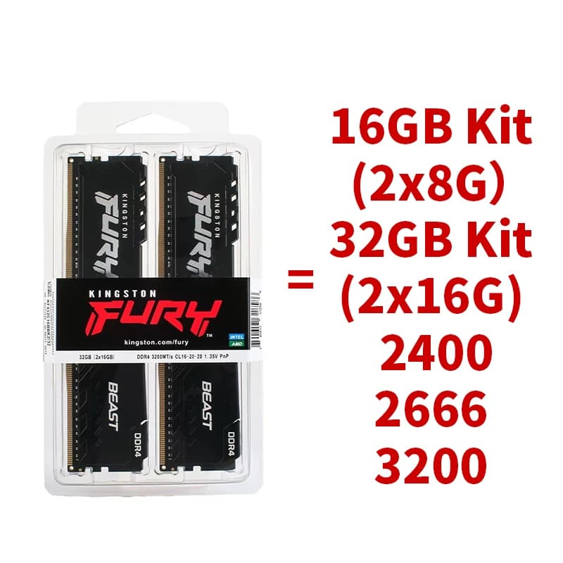 ذاكرة رام Kingston BEAST DDR4 بسرعات 3200 ميجاهرتز و2666 ميجاهرتز و3600 ميجاهرتز و2400 ميجاهرتز بسعات 8 جيجابايت و16 جيجابايت و4 جيجابايت لذاكرة سطح المكتب للألعاب PC4-25600 وPC4-19200 و288Pin DIMM - 5