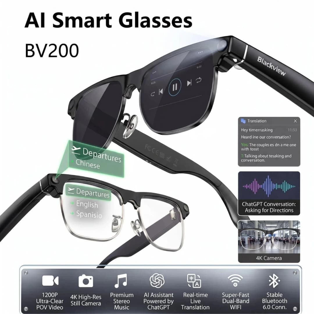 نظارات بلاكفيو الذكية BV200 مع كاميرا 4K بدقة 1200 ميجابكسل، مكالمات بلوتوث، ترجمة ذكية، مساعد صوتي، مكبرات صوت ستيريو وميكروفون مدمج