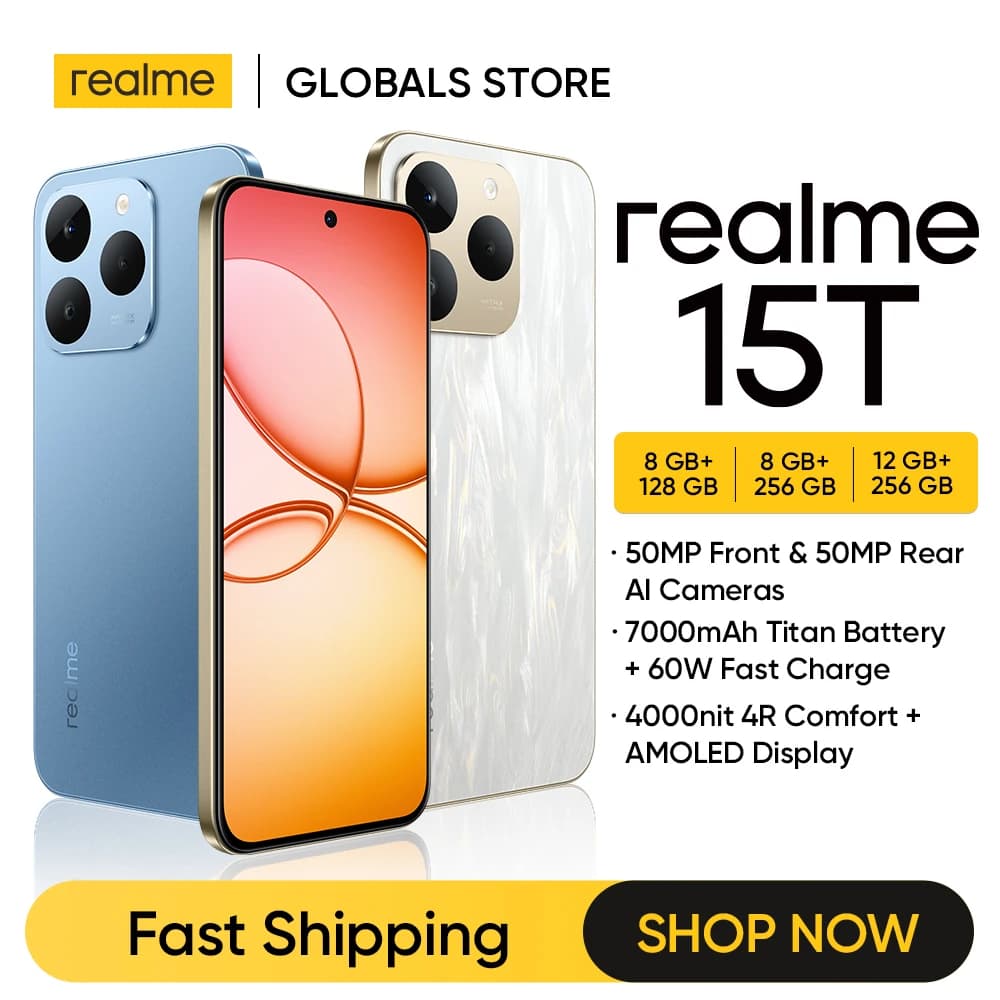 هاتف realme 15T 5G الذكي NFC شريحة Dimensity 6400 Max كاميرتان 50 ميجابكسل شاشة AMOLED 6.57 بوصة 120 هرتز بطارية 7000 مللي أمبير شحن 60 واط