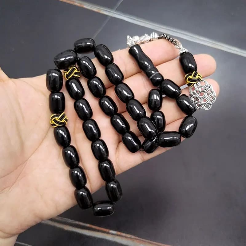 مسبحة من حجر العقيق الأسود الطبيعي، شكل برميل، سوار يدوي الصنع، مسبحة ترابيزون، هدية عيد الأضحى، حبات صلاة بتصميم تركي - 2