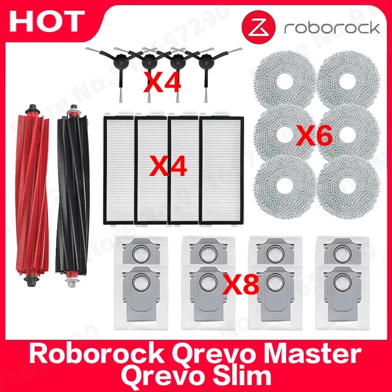 إكسسوارات Roborock Qrevo Master / Qrevo Slim لجهاز تنظيف الروبوت وفرشاة جانبية رئيسية وفلتر Hepa ومناديل تنظيف وكيس غبار وقطع غيار