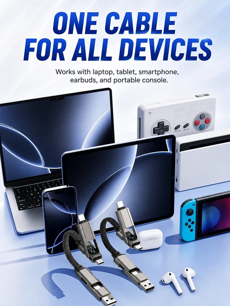 كابل شحن Aoifn 4 في 1، كابل شحن سريع USB C مع عرض طاقة LED، كابل متعدد محمول للهواتف والأجهزة اللوحية - 4