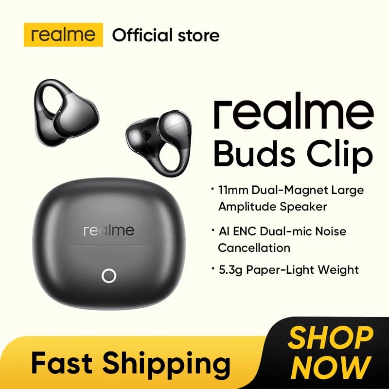 سماعات أذن realme Buds Clip OWS بمشبك أذن، إلغاء ضوضاء المكالمات بتقنية ENC، مترجم ذكي، بطارية تدوم حتى 36 ساعة، مقاومة للماء بمعيار IP55، بلوتوث 5.4