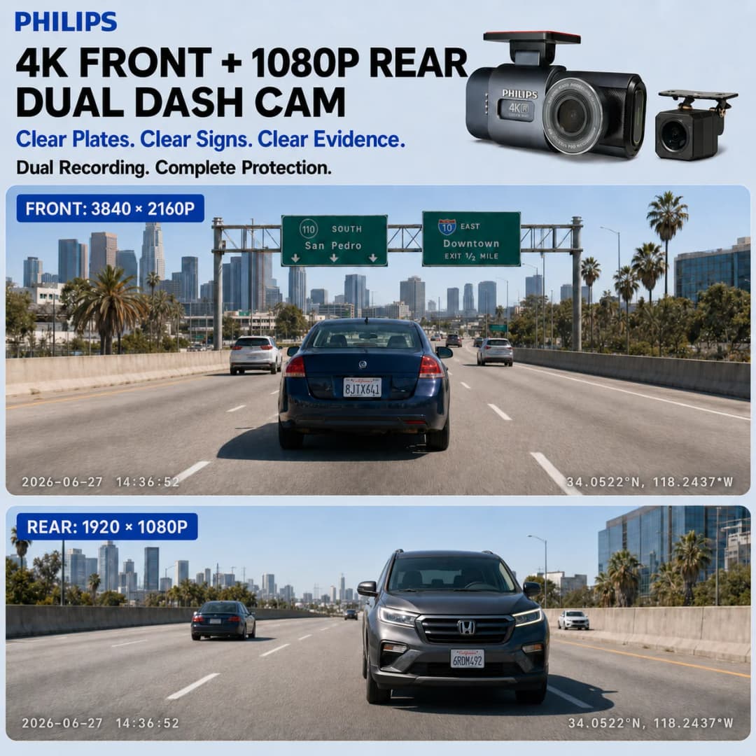 كاميرا سيارة PHILIPS Dash Cam B01 بدقة 4K+1K HDR مزدوجة أمامية وخلفية واي فاي 2.4GHz و5GHz GPS مراقبة الوقوف 24 ساعة مسجل فيديو - 3