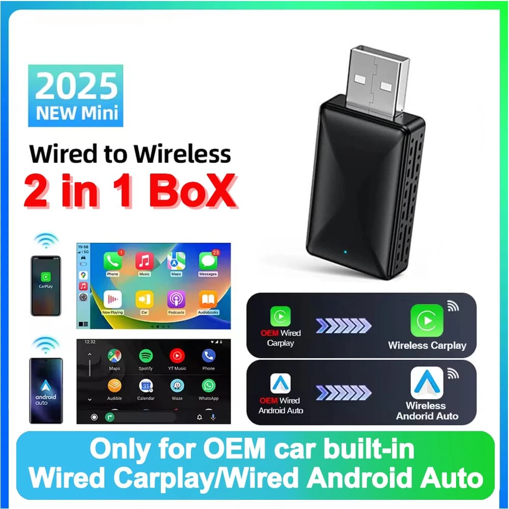 محول 2 في 1 أندرويد أوتو كار بلاي لاسلكي، محول ذكي صغير، بلوتوث، واي فاي، USB، متوافق مع سيارات OEM، توصيل وتشغيل